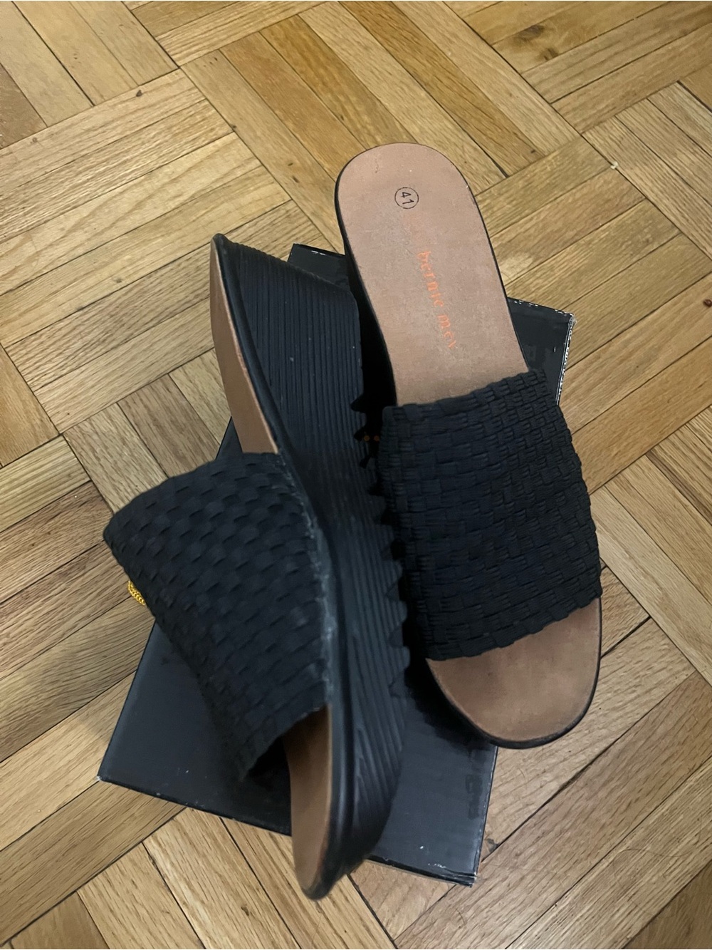 bernie mev. Black Woven Slide Wedge Mules